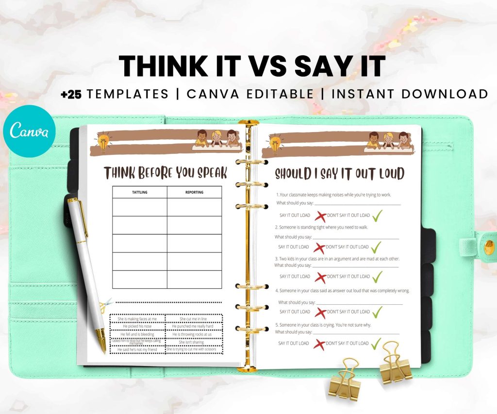 Think it Vs Say it, Communication Journal, Canva Editable Templates.