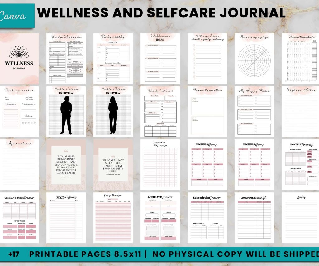 Wellness and Selfcare Journal, Canva Editable Templates.
